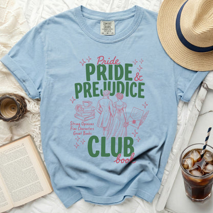 Light blue t-shirt with "Pride & Prejudice Book Club" graphic.