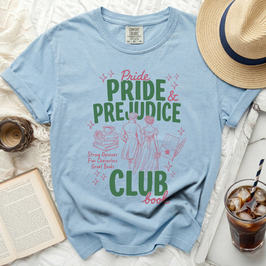 Light blue t-shirt with "Pride & Prejudice Book Club" graphic.