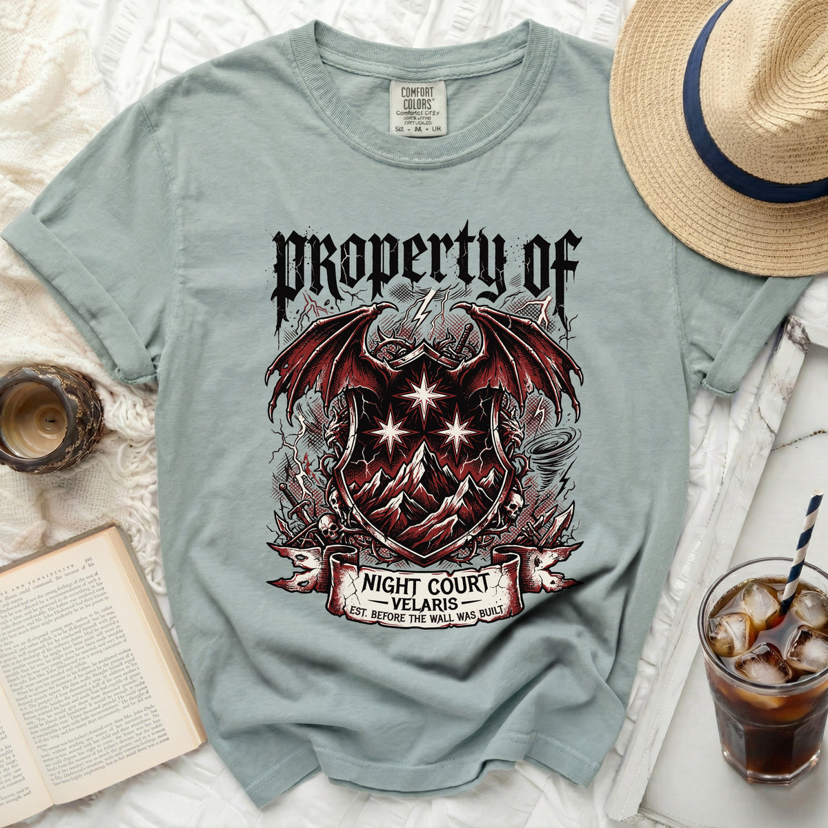 T-shirt with "Property of Night Court Velaris" and a crest design.