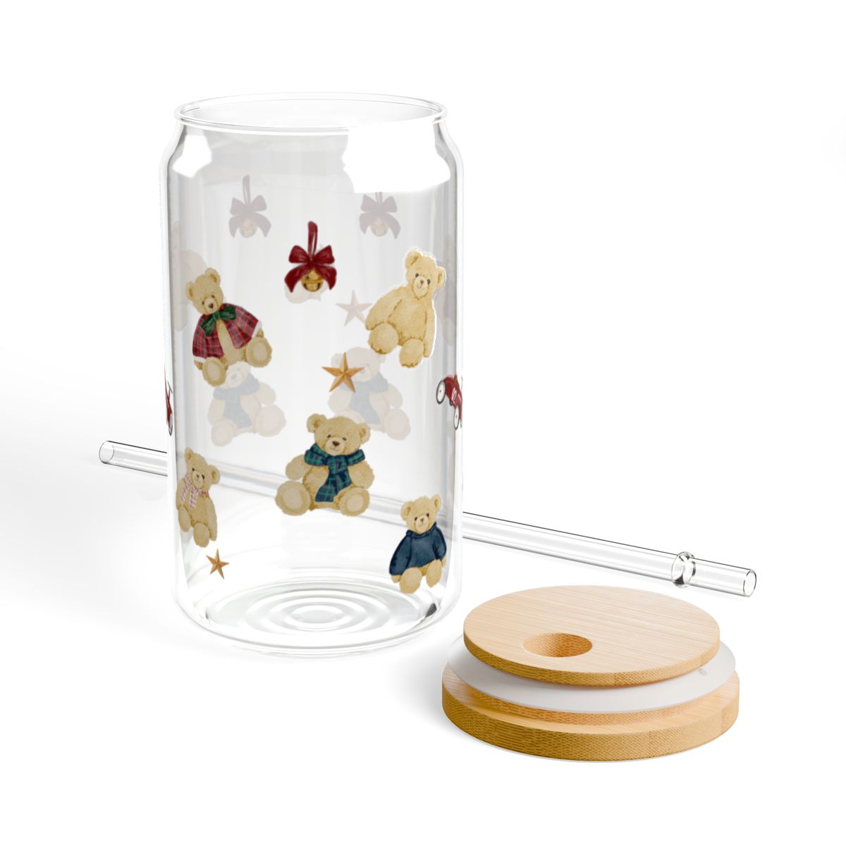 Cute Teddy Bears Glass Cup With Straw And Lid Product