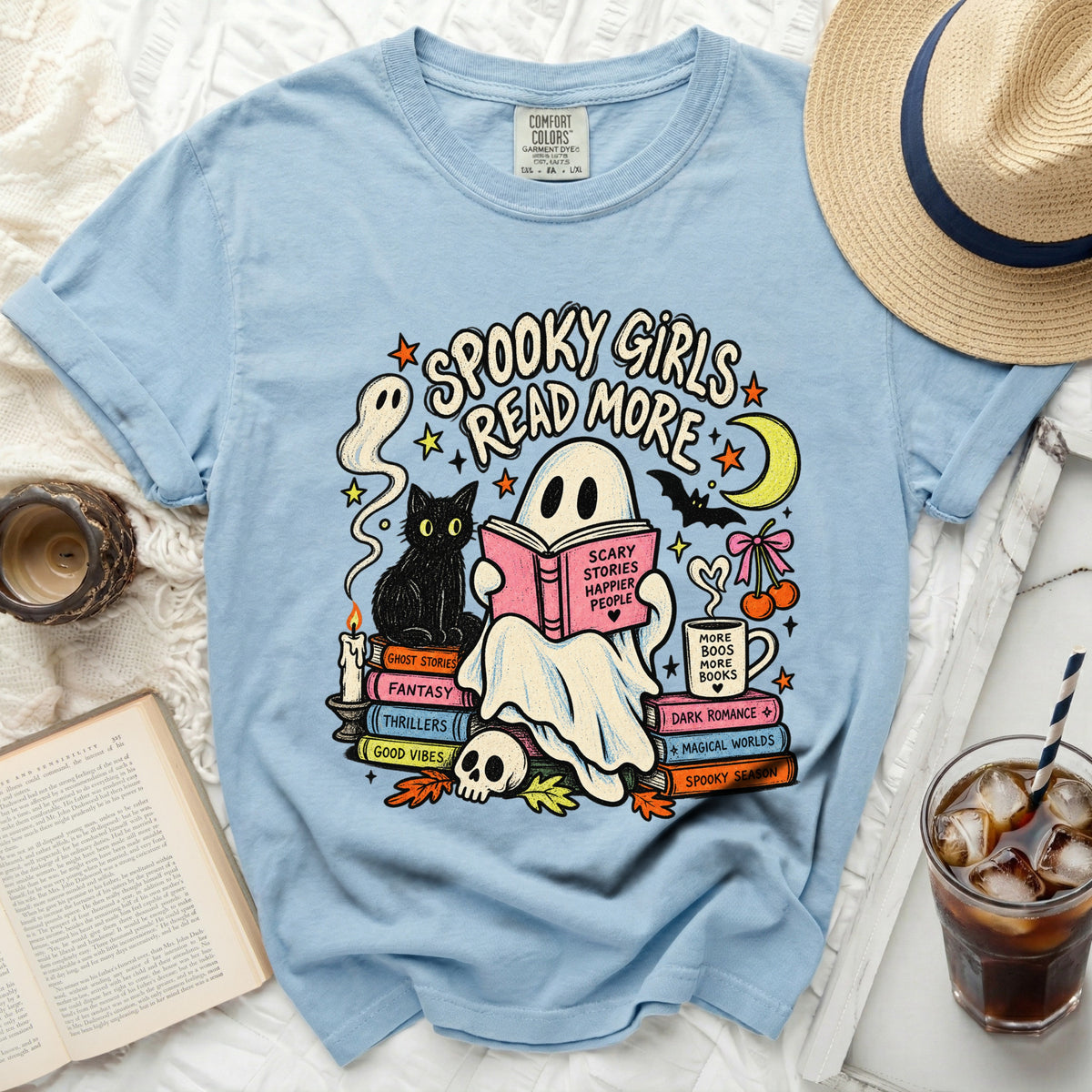 Light blue t-shirt with "Spooky Girls Read More" ghost and book graphic.