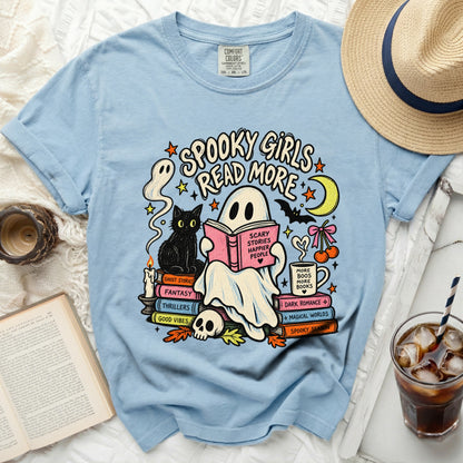 Light blue t-shirt with "Spooky Girls Read More" ghost and book graphic.