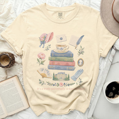 Cream t-shirt with a literary-themed watercolor print.