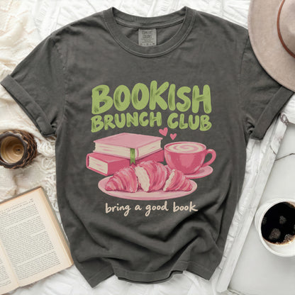 Dark grey t-shirt with "Bookish Brunch Club bring a good book" text and illustrations.