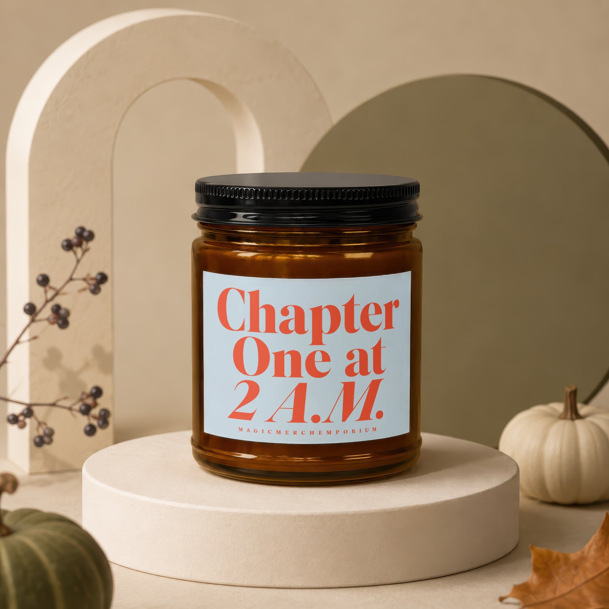 Amber candle with black lid labeled "Chapter One at 2 A.M.".
