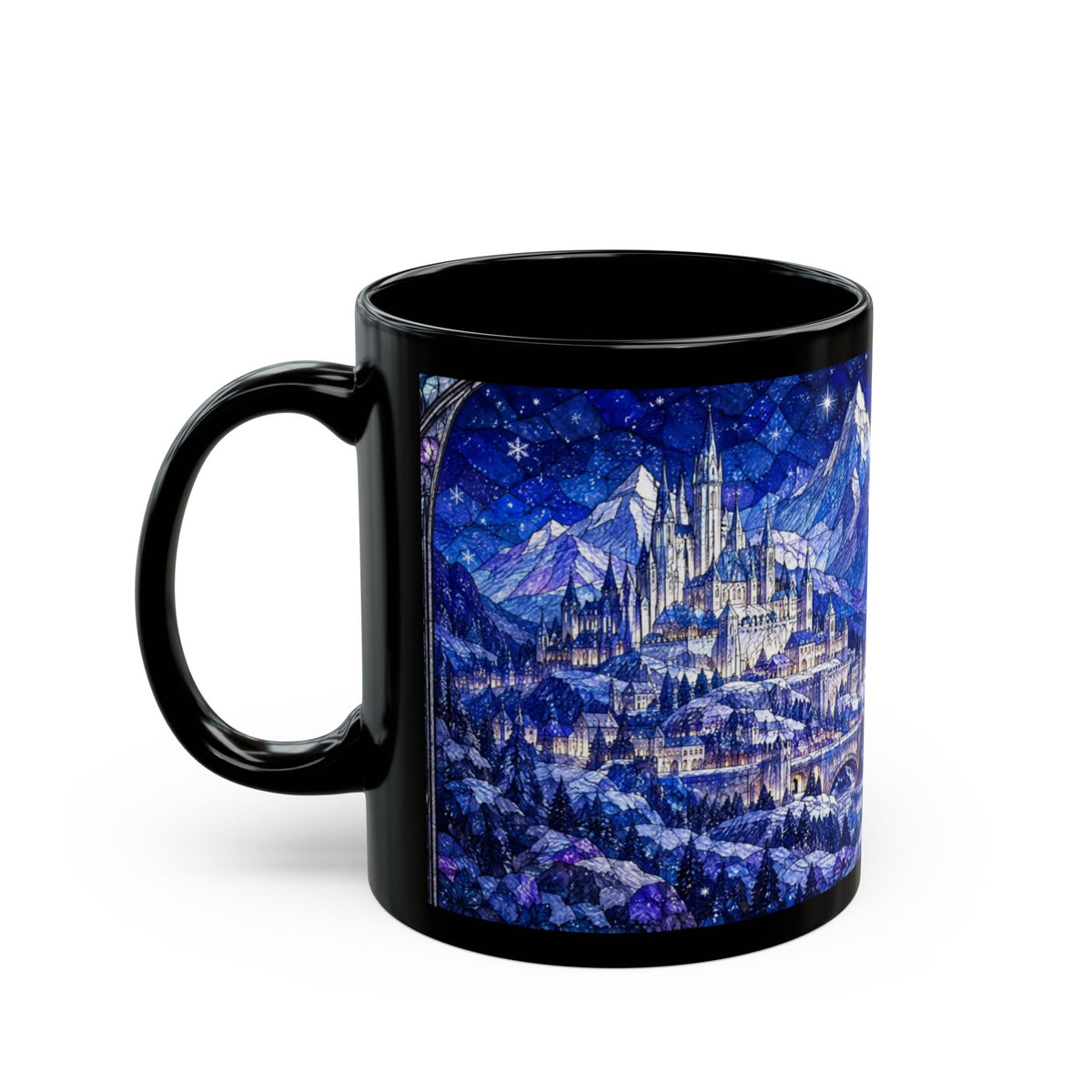 A black ceramic mug featuring a blue stained-glass illustration of a fantasy castle in snowy mountains.