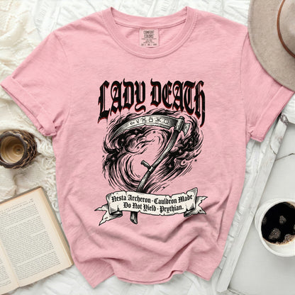 Pink t-shirt with "Lady Death" graphic, scythe, and text.