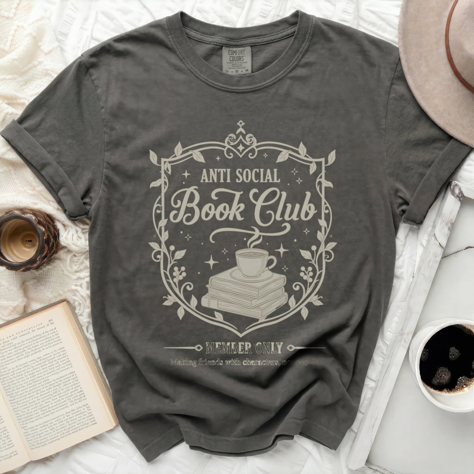 Dark grey t-shirt with "Anti Social Book Club" crest and cup design.