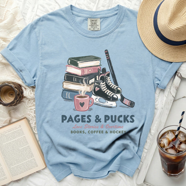 Pages & Pucks Hockey Fan Tee in Chambray
