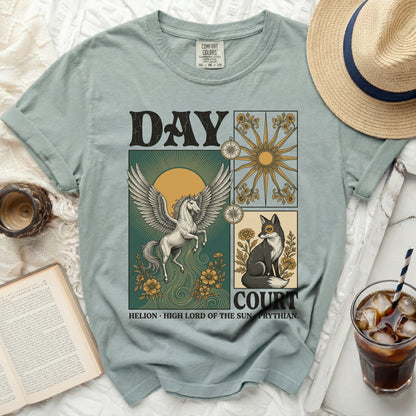 T-shirt with "DAY COURT" and mythical imagery of a pegasus, fox, and sun.