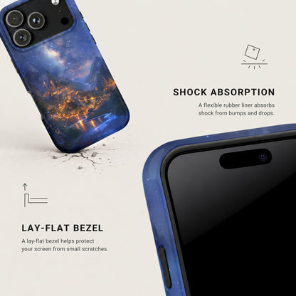 Blue smartphone case featuring a fantasy city design, with text highlighting shock absorption and a lay-flat bezel.