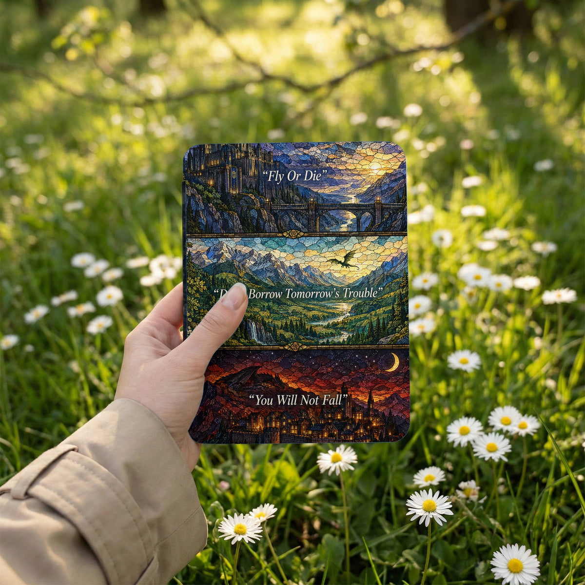 A hand holds a Kindle decorated with a three-panel fantasy stained-glass landscape and inspirational quotes.