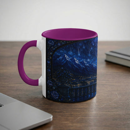 Mug with purple handle featuring a stained-glass scene of a city at night beneath mountains and shooting stars.