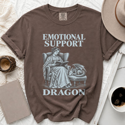 Brown t-shirt with "Emotional Support Dragon" text and vintage illustration.