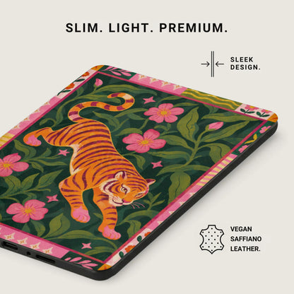 Case with tiger and floral pattern, vegan saffiano leather.