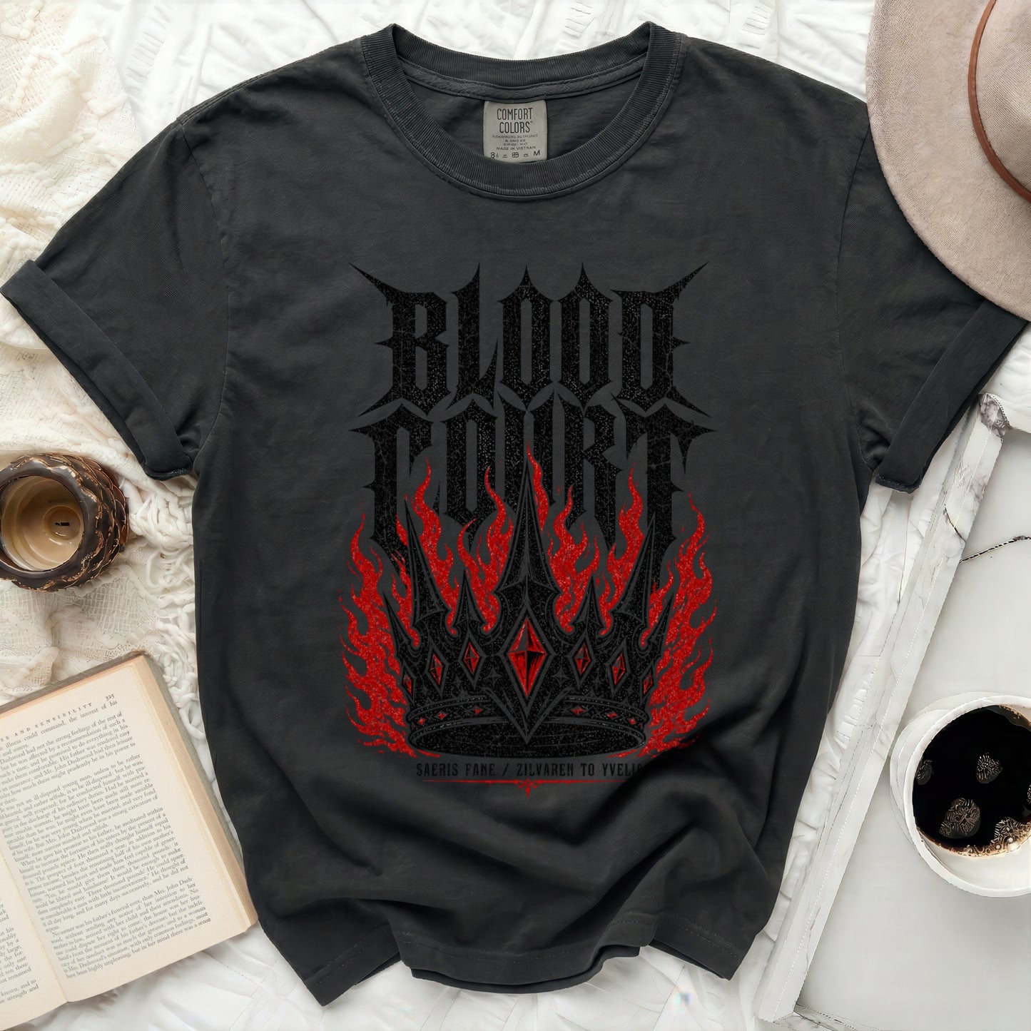Black t-shirt with "BLOOD COURT" and red flame crown graphic.