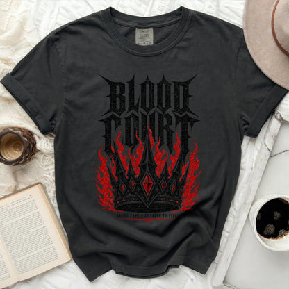 Black t-shirt with "BLOOD COURT" and red flame crown graphic.