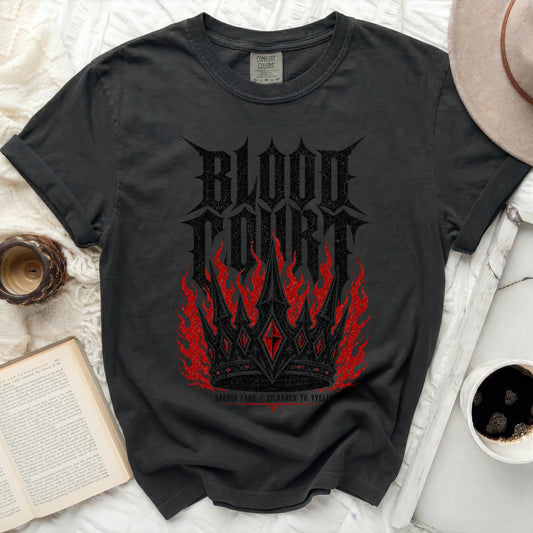 Black t-shirt with "BLOOD COURT" and red flame crown graphic.