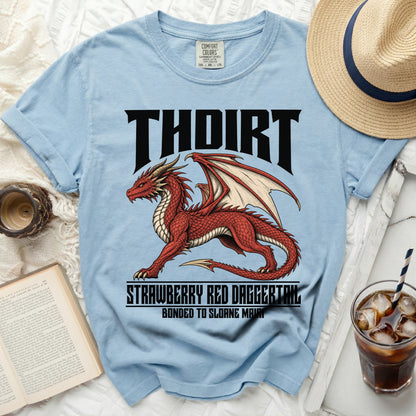 Light blue t-shirt with red dragon graphic and text "THOIRT STRAWBERRY RED DAGGERTAIL".
