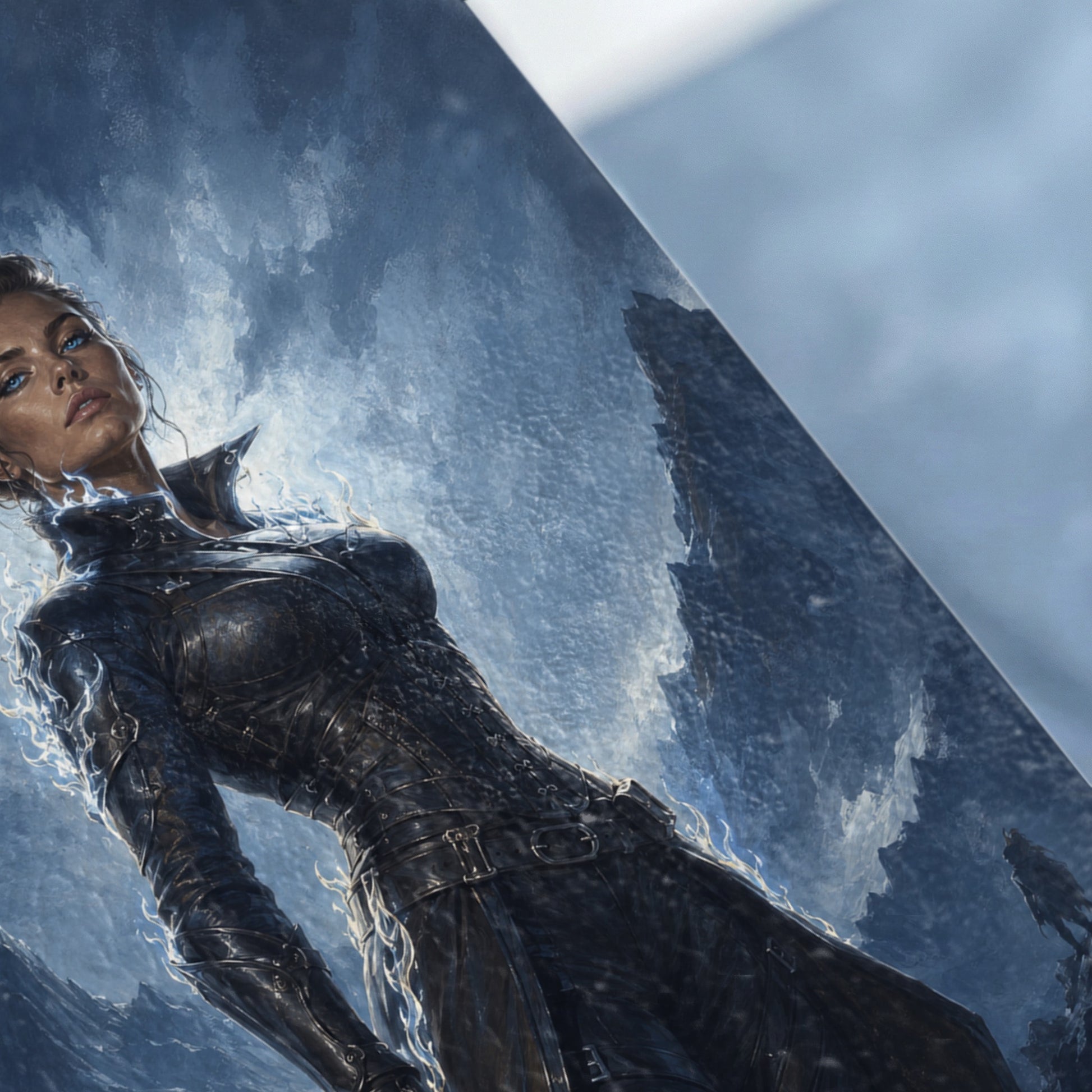 Woman in dark leather armor with glowing blue energy against a stormy sky backdrop.