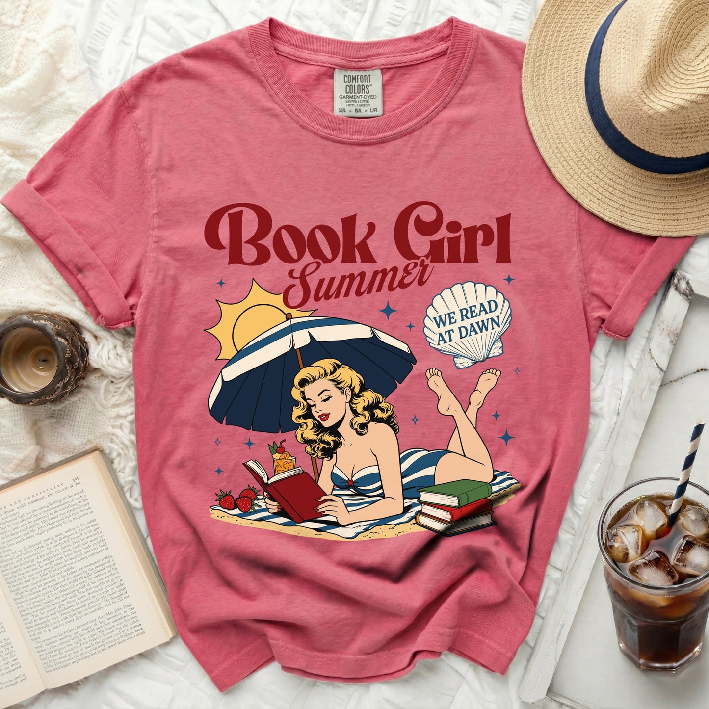 Pink t-shirt with "Book Girl Summer" and beach reading woman graphic.