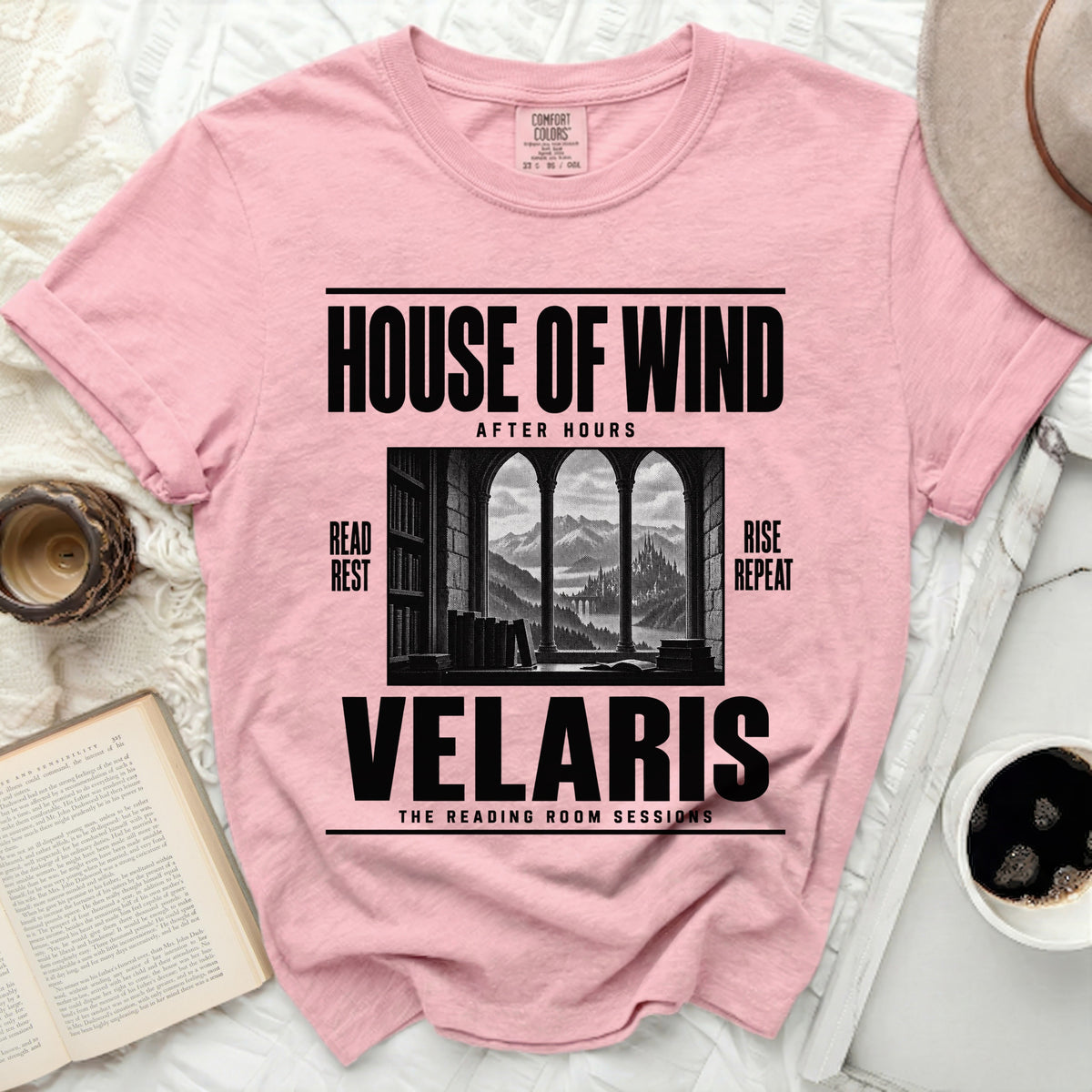 Pink t-shirt with "House of Wind After Hours" and "Velaris" text.