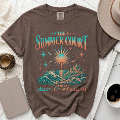 Brown t-shirt with "The Summer Court Adriata City of Sun and Sea" graphic.