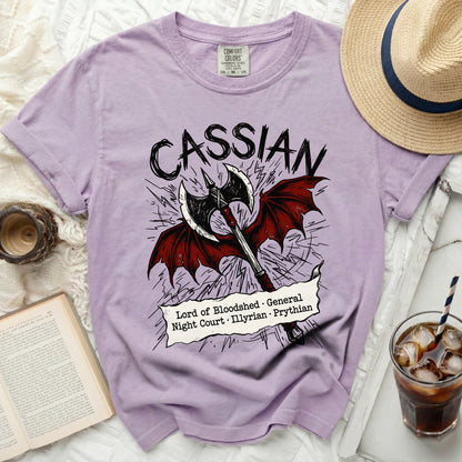 Cassian shirt with axe, wings, and text: Lord of Bloodshed, General, Night Court.