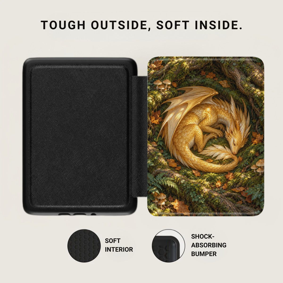 Black tablet case with a sleeping golden dragon design and protective features.