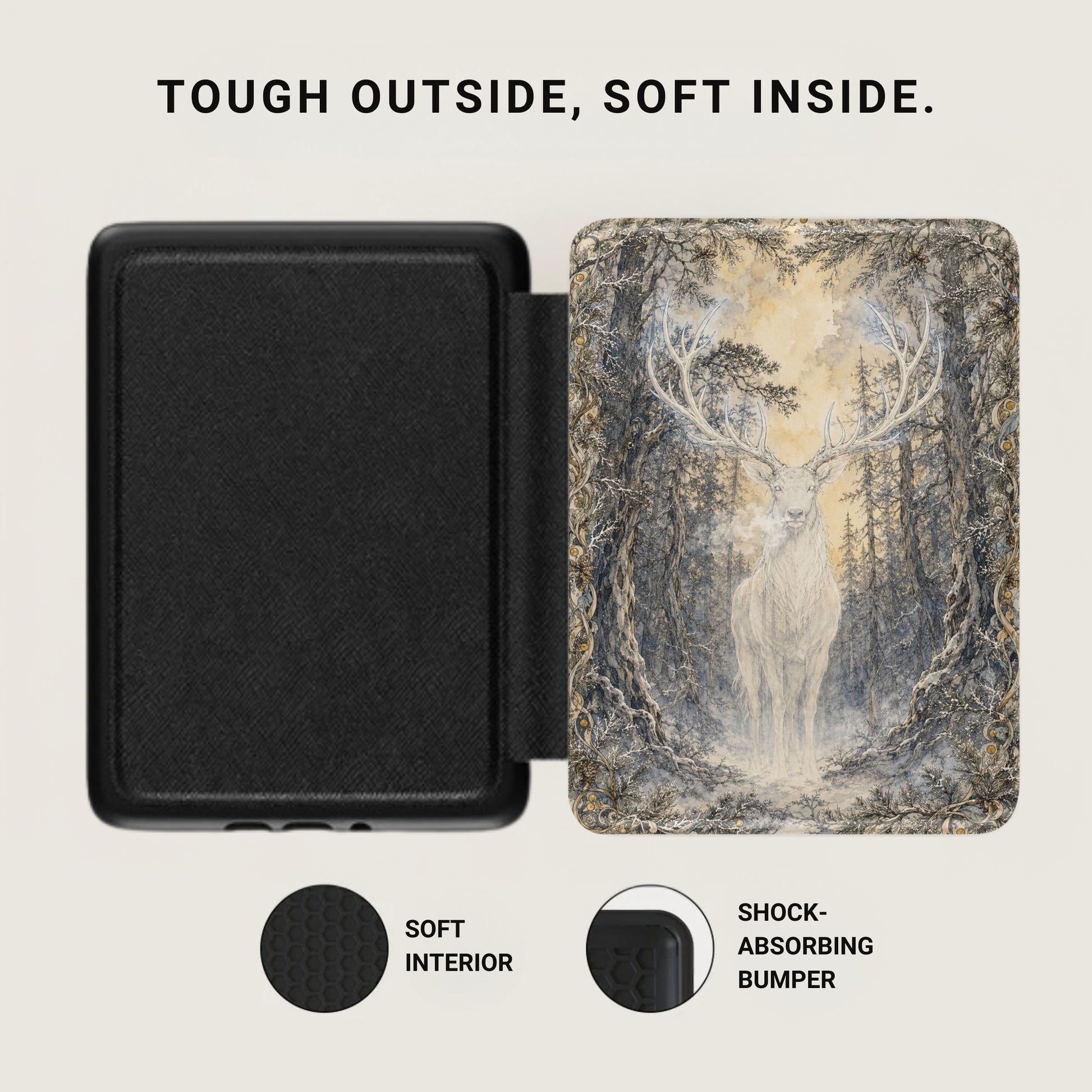Black textured case next to an illustration of a white stag in a snowy forest.