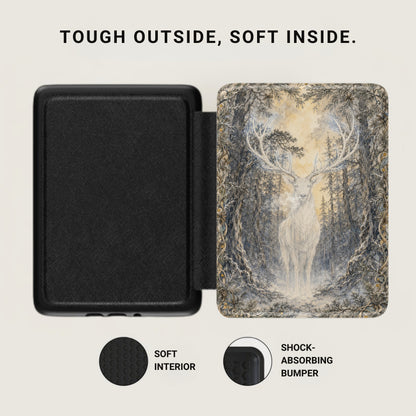 Black textured case next to an illustration of a white stag in a snowy forest.