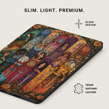 Device case with stained glass art of characters, weapons, and flowers.