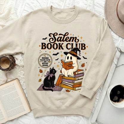 Salem Book Club graphic with ghost, black cat, books, and Halloween imagery.