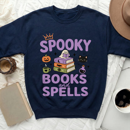 Navy sweatshirt with "Spooky Books and Spells" Halloween graphic.
