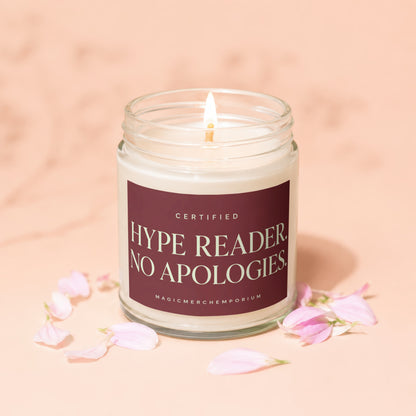 Lit candle in a jar with text "Certified Hype Reader No Apologies".