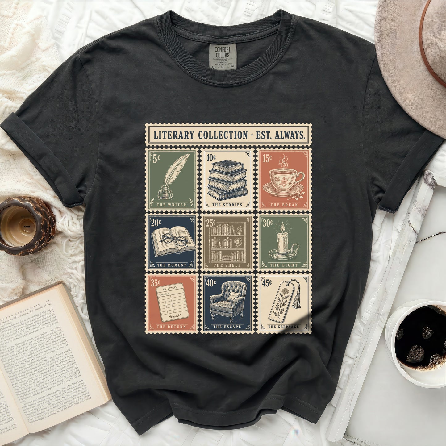 T-shirt with vintage postage stamps featuring literary themes and prices.
