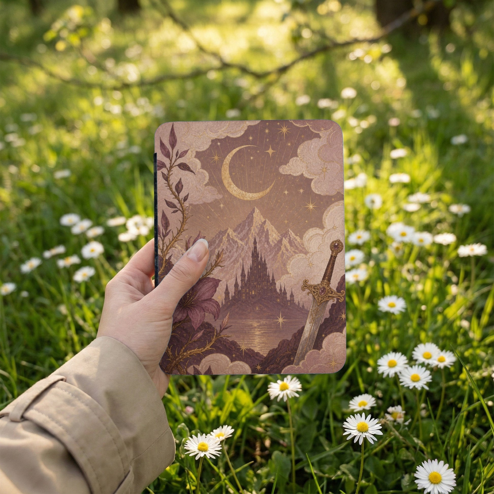 Journal with fantasy castle, sword, and moon illustration held in a hand outdoors.