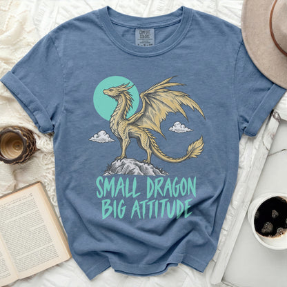 Blue t-shirt with a golden dragon graphic and text "SMALL DRAGON BIG ATTITUDE".