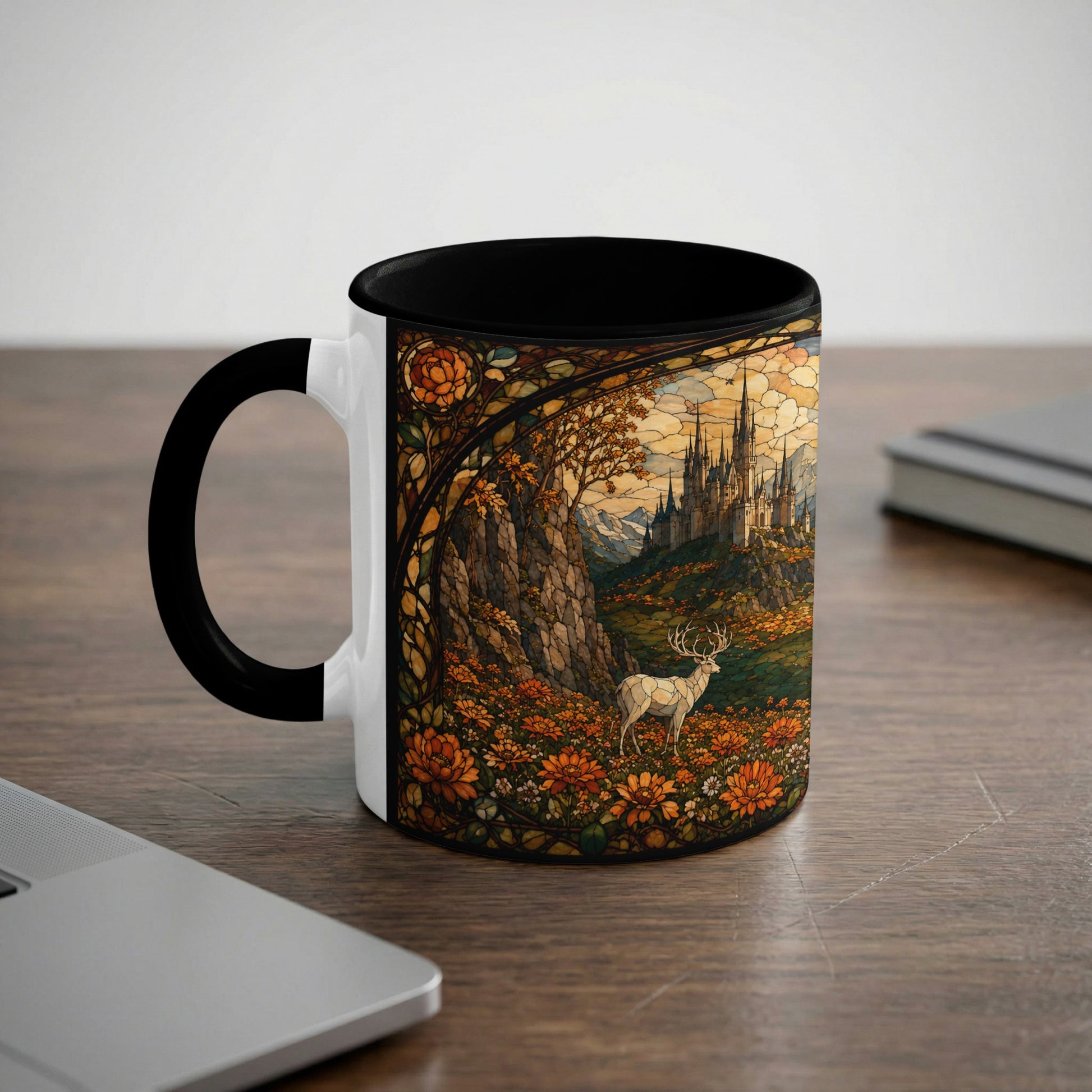 Mug with stained glass design of a castle, deer, and flowers.