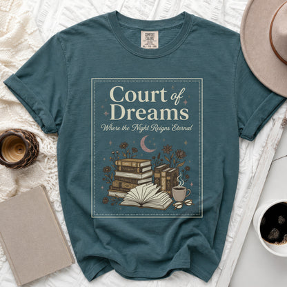 Teal t-shirt with "Court of Dreams" and stacked books graphic.
