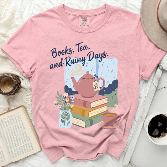 Pink t-shirt with "Books, Tea, and Rainy Days" graphic.