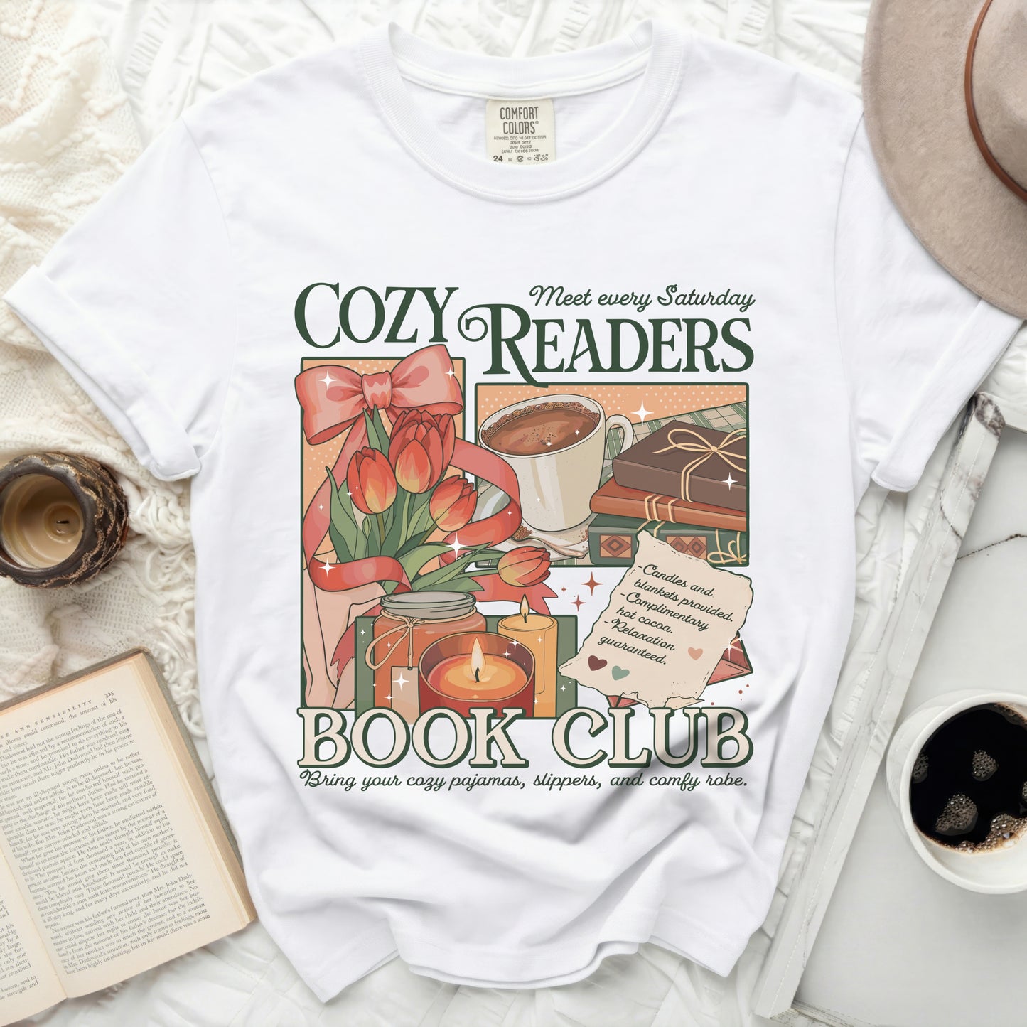 White t-shirt graphic for a "Cozy Readers Book Club."