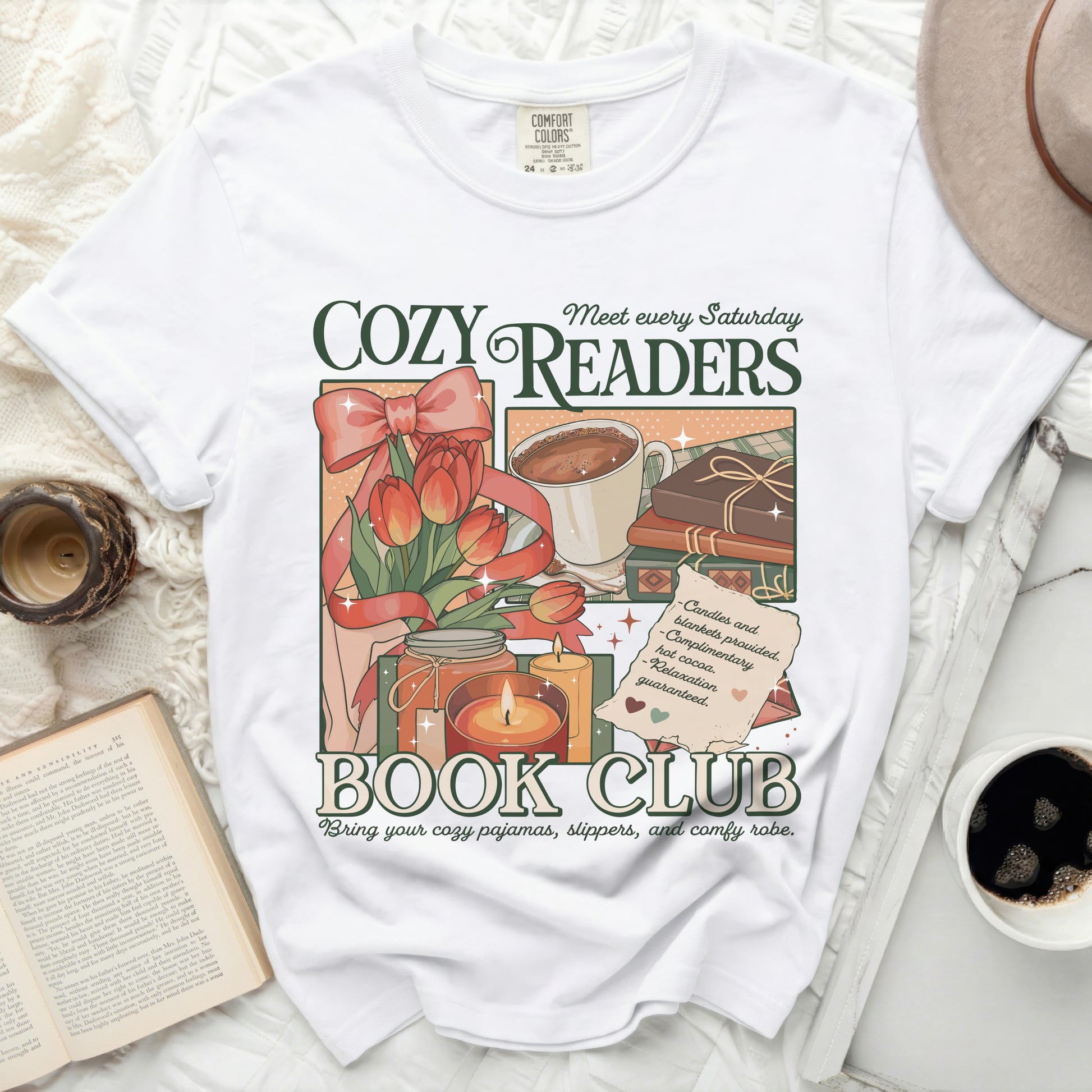 White t-shirt graphic for a "Cozy Readers Book Club."