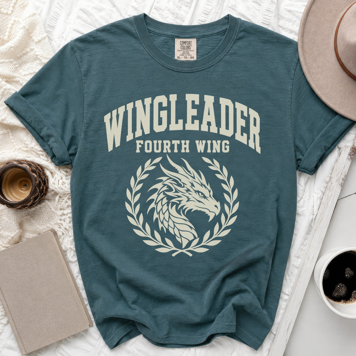 Teal t-shirt with "WINGLEADER FOURTH WING" and dragon design.