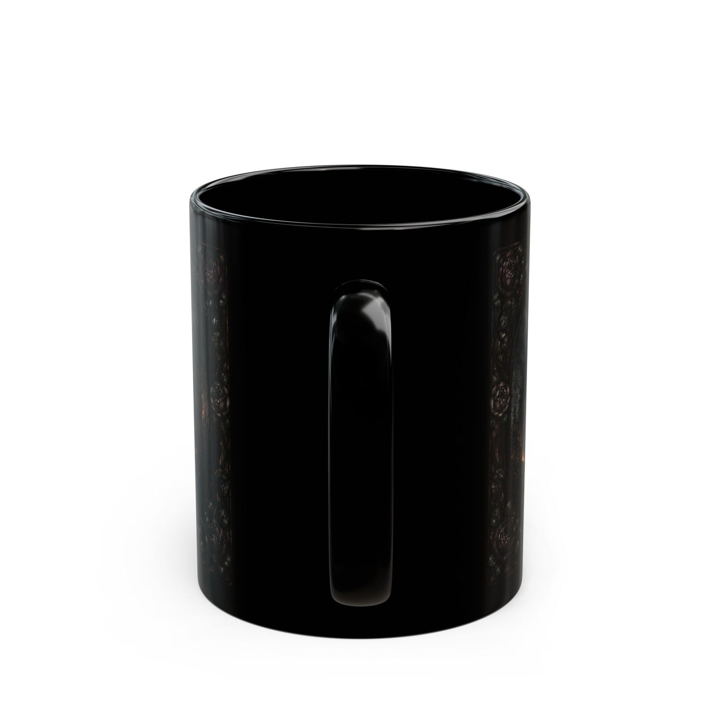 Black mug with a metallic rose vine pattern wrapping around the exterior.