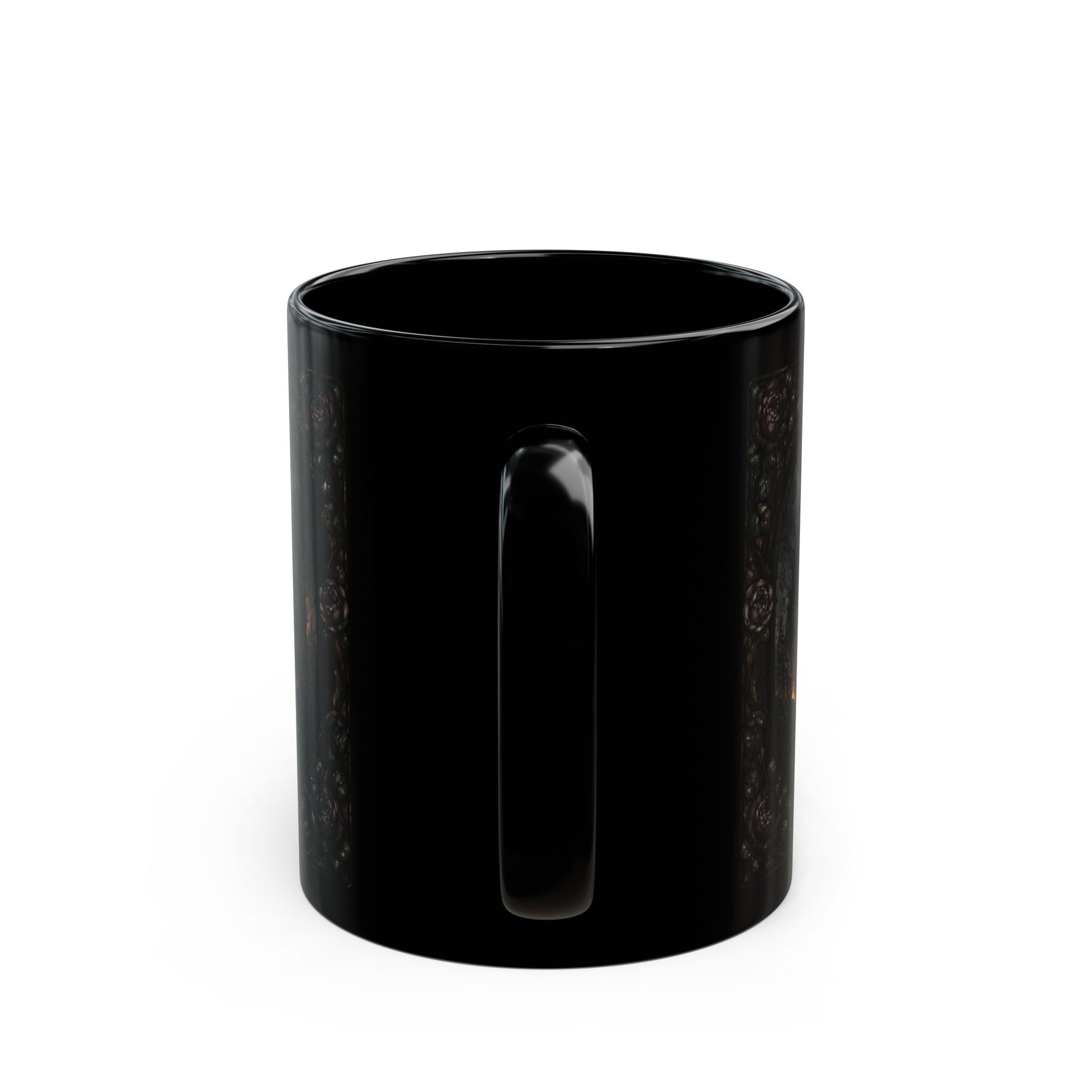 Black mug with a metallic rose vine pattern wrapping around the exterior.