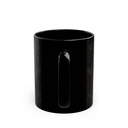 Black mug with a metallic rose vine pattern wrapping around the exterior.