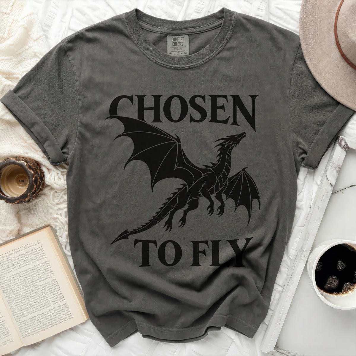 Dark grey t-shirt with black dragon graphic and "CHOSEN TO FLY" text.