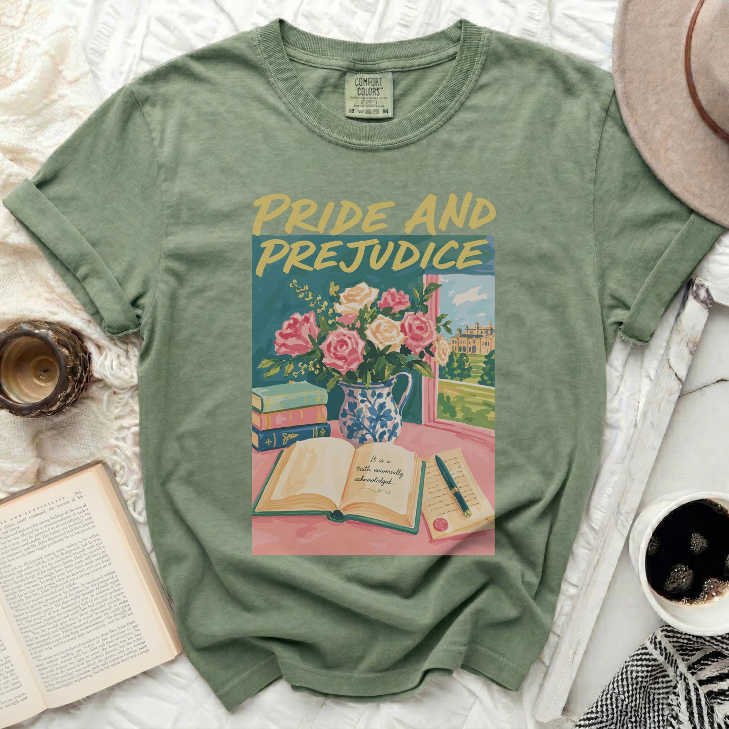 Green t-shirt with "Pride and Prejudice" book illustration and floral vase.
