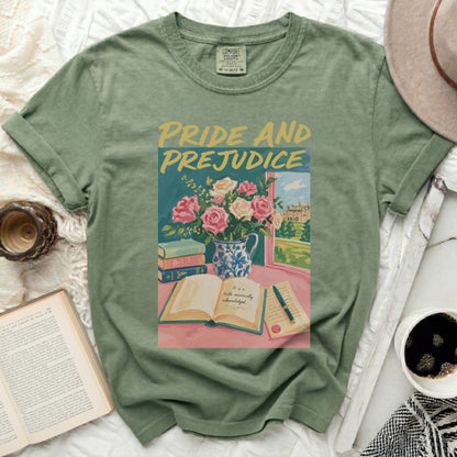 Green t-shirt with "Pride and Prejudice" book illustration and floral vase.